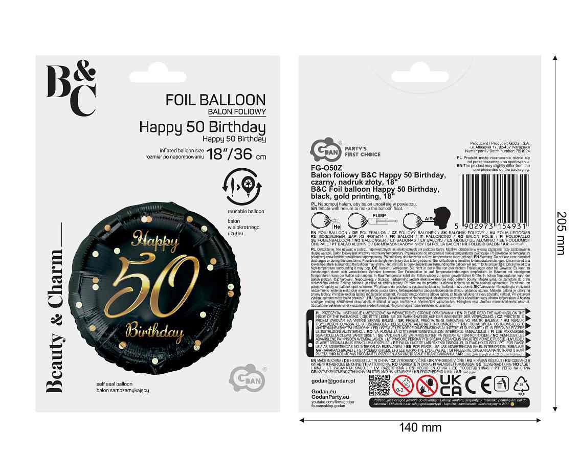 Foil balloon Happy 50 Birthday, black, gold printing, 45 cm